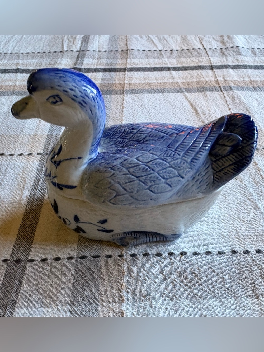 Mid-Century Boho Chic Chinoiserie Blue & White Lidded Duck Trinket Box.